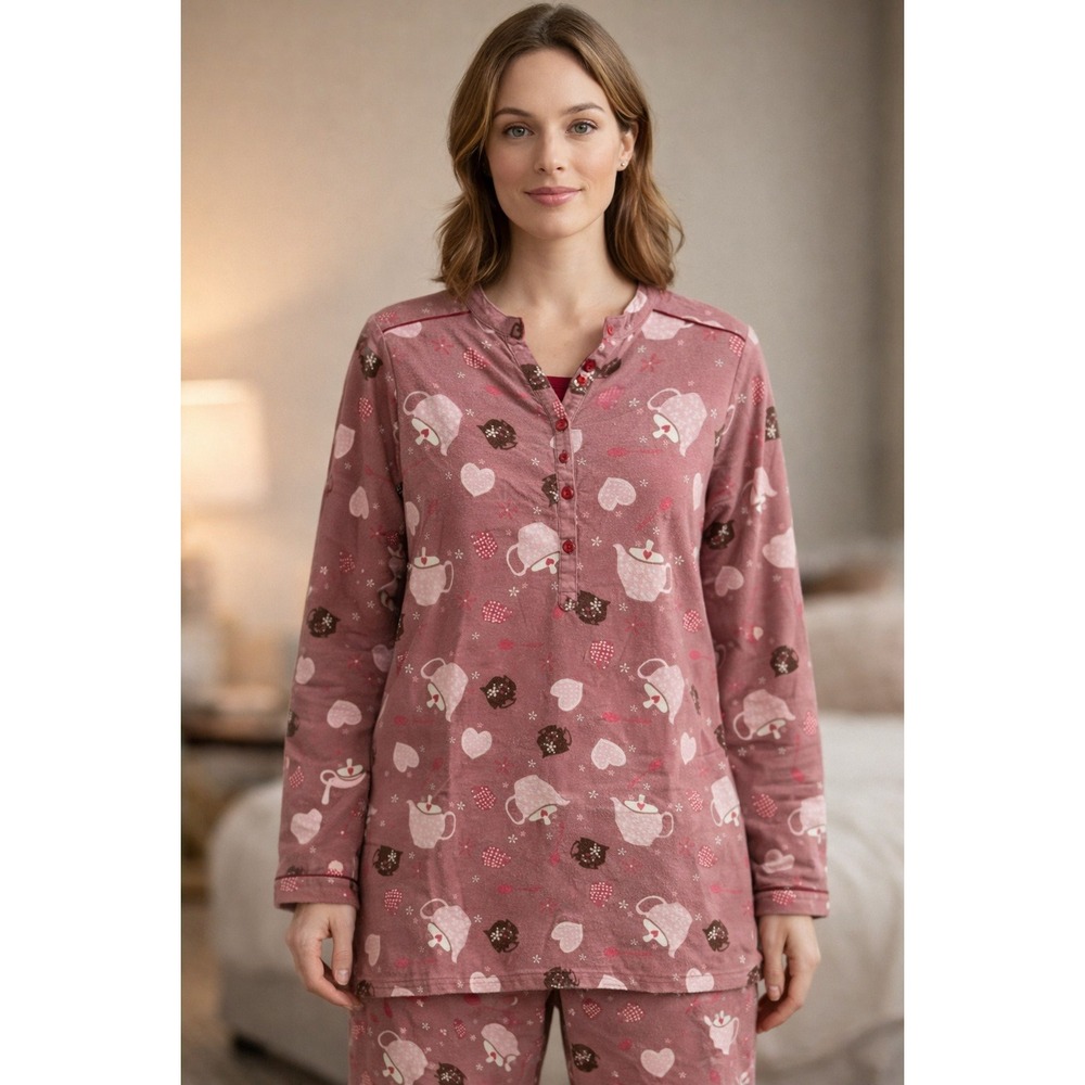Kay Anna Pajama Top Nightshirt Cups Hearts Print Sleepwear Flannel Cotton Size M